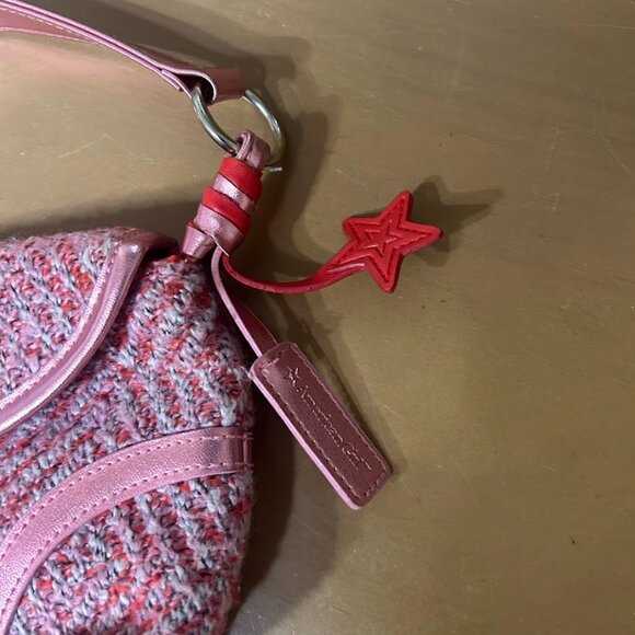Y2K 90s Mini Bag Tweed Twill Striped Preppy Star Pink Latch Fringe Lined Purse - Picture 4 of 14